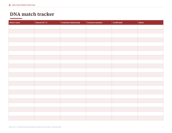 Preview of Printable DNA Match Tracker